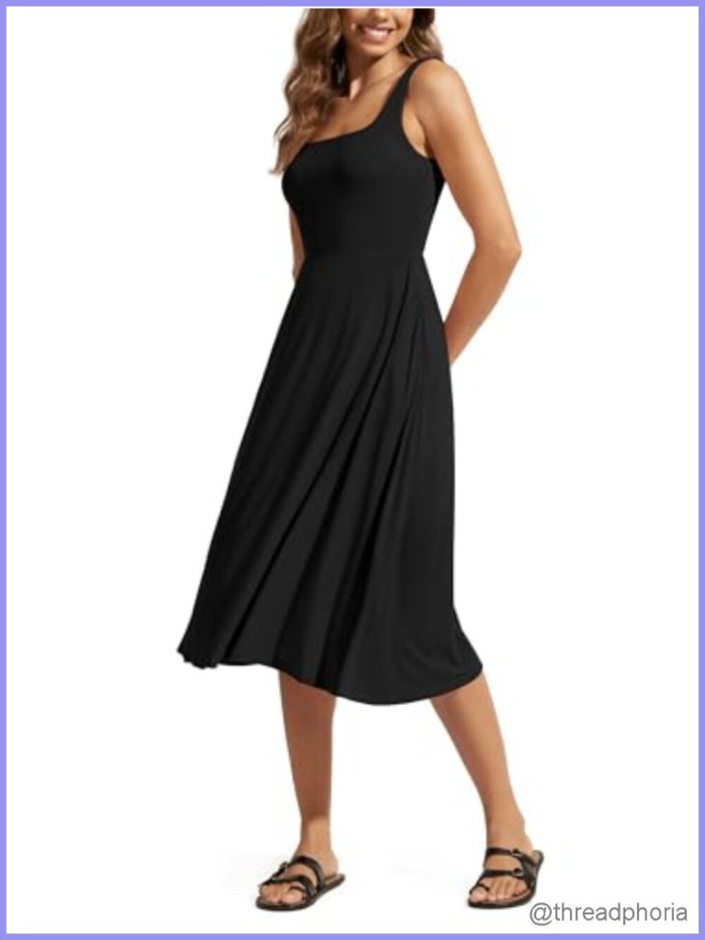 Square Neck Midi Dress with Pockets Women Sleeveless Flare Sundress
